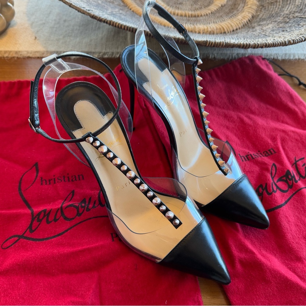 Christian Louboutin Nosy Spike Heels, Black/PVC/Rose Gold, US 7/37.5